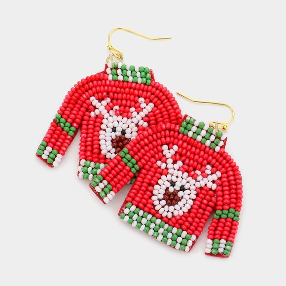 Seed Beaded Earrings Christmas Sweater Felt Back 2.25"L Statement Jewelry - Picture 1 of 1